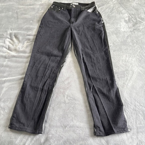 Abercrombie & Fitch 90s Womens Straight‎ Leg BLK Denim Jeans w/Faux Leather Trim - Picture 1 of 12